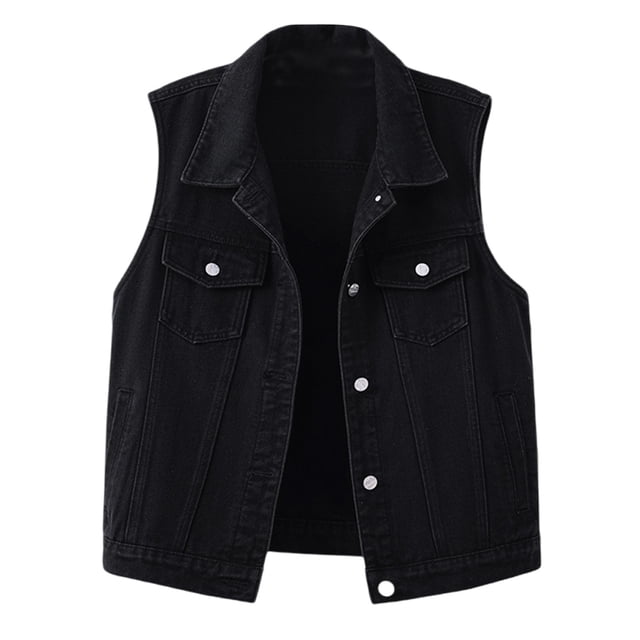 Gilet Sans Manches à Boutons devant pour Femmes, Col Rabattu, Coupe Ajustée, Gilet Décontracté en Polyester, Noir, Longueur Régulière, pour le Travail Ou les Fêtes