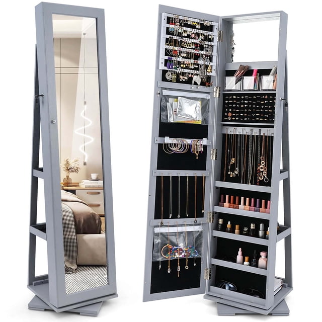 Costway 360° Rotatable Jewelry Cabinet Armoire 2-in-1 Lockable Mirrored Gray
