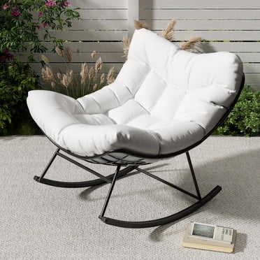 Outdoor Papasan Rocking Chair, Oversized Rocking Chair with Sturdy Metal Frame, Patio Rattan Egg Rocker for Balcony Backyard Porch Bedroom