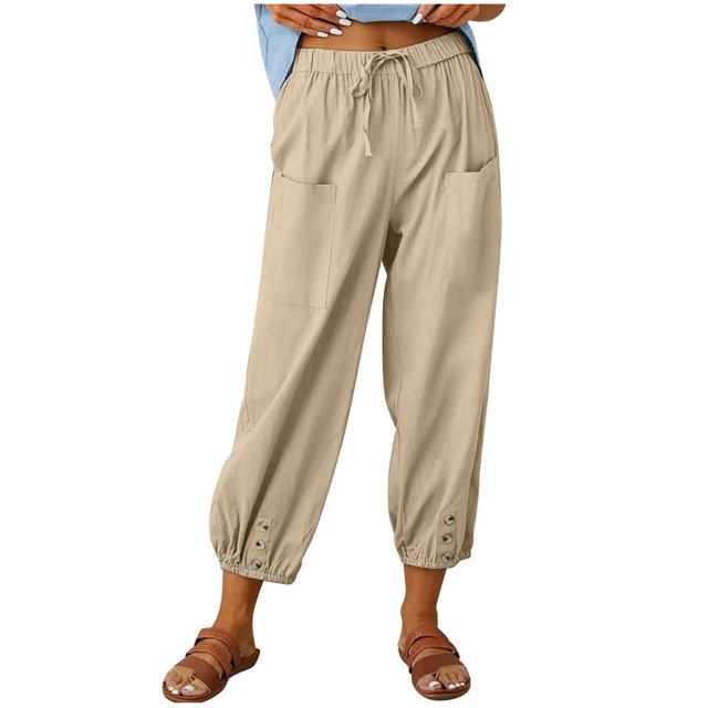 Women‘s Cotton Linen Pants Drawstring Elastic Waist Capri Pants Lounge Pants with Pockets