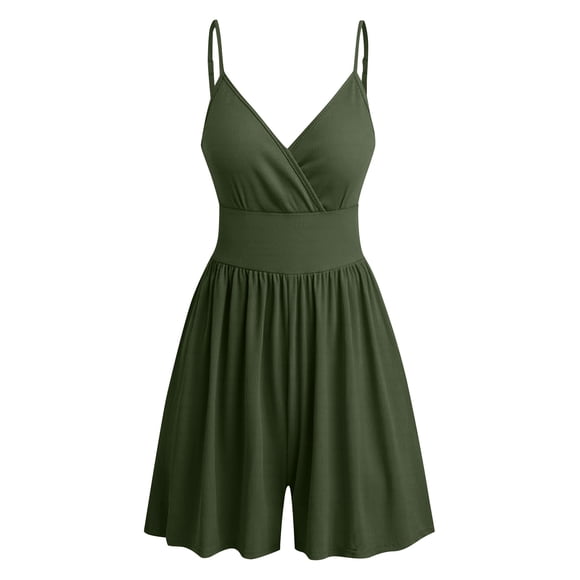 SZJXBUY Women's Jumpers And Rompers Flowy Summer V Neck Sleeveless Rompers One Piece Spaghetti Strap Wide Leg Shorts Overalls Short Jumpsuit with Pockets Army Green,XXL
