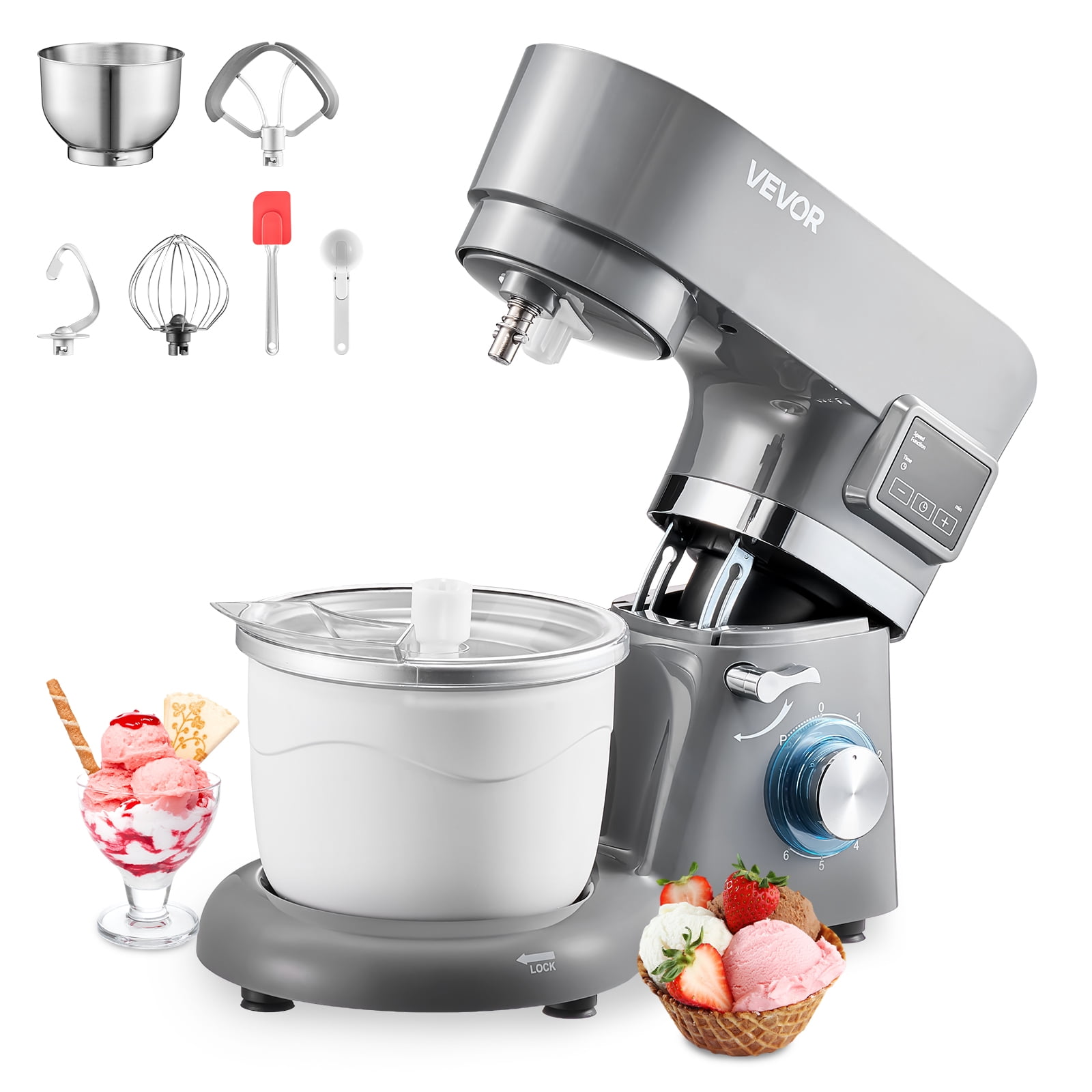 VEVOR Ice Cream Maker, 1.8 Qt. Capacity, 6-Speed Electric Stand Mixer, with LED Digital Display & Timer, Mixing Paddle, Dough Hook, Splash Guard, for Homemade Frozen Yogurt Fruit Sorbet Gelato, Grey