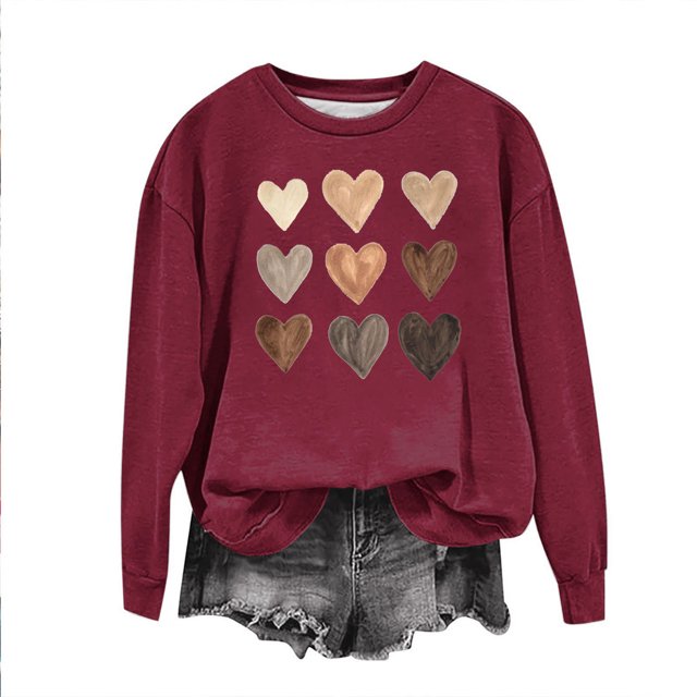 Qertyioot Chemise Cœur d'Amour Pull de la Saint-Valentin, Blouse à Manches Longues Imprimée Mode pour Femmes Col Rond Hauts Décontractés