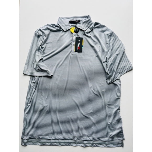 RLX Ralph Lauren Wicking UV Spyglass Striped Polo Shirt Grey / White ( XL )