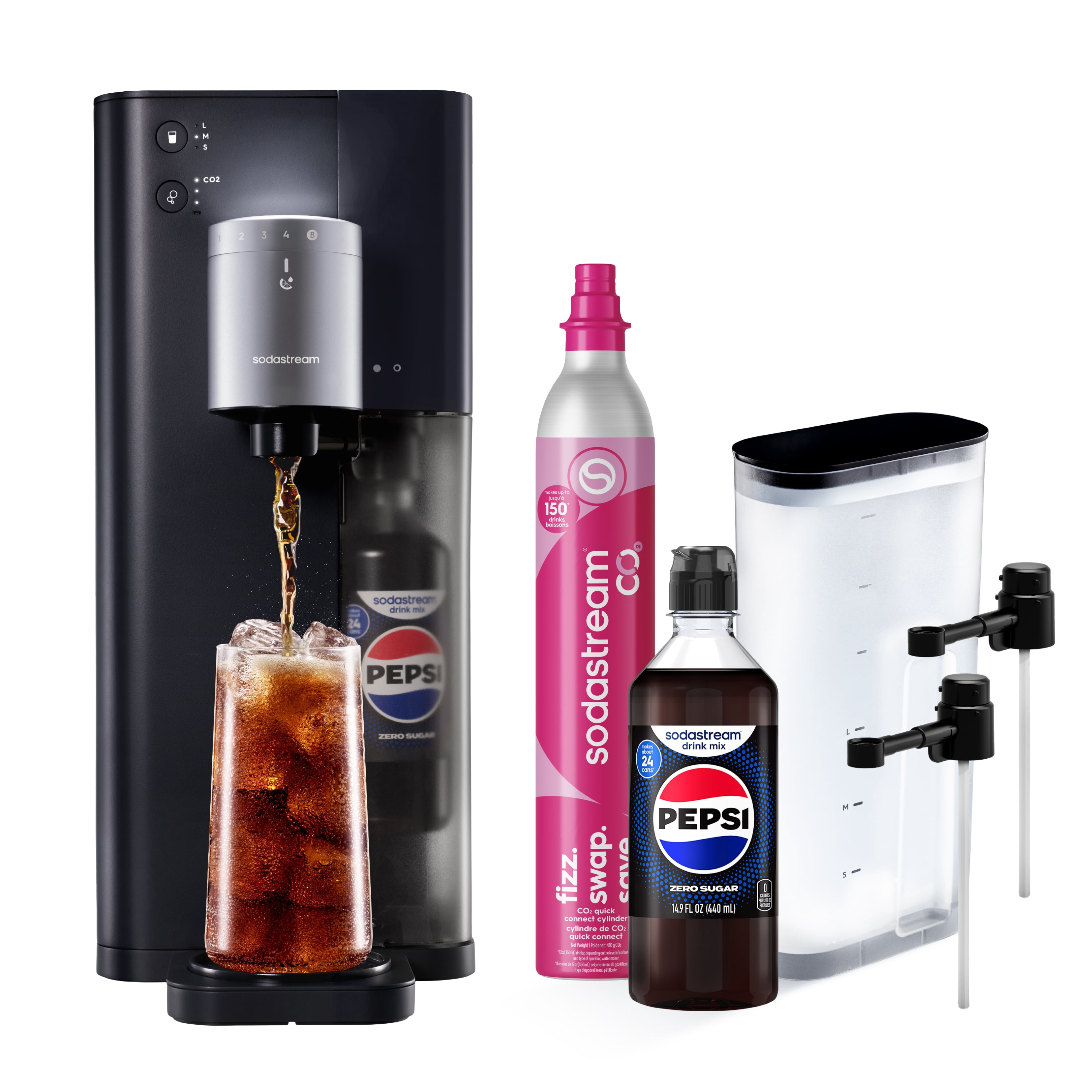 SodaStream Fountain Sparkling Drink Maker Black/Silver, Includes CQC CO2, Water Tank, 2 Flavor Connect Caps, and Pepsi Zero Drink Mix, 14.9oz
