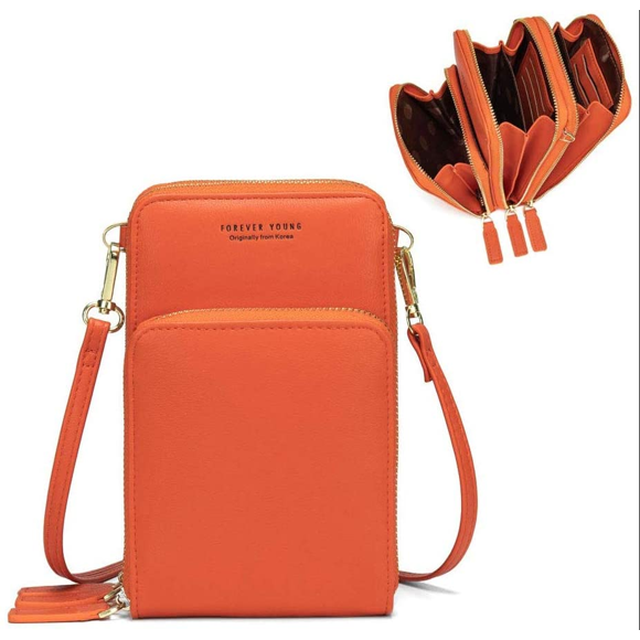 Cynthia Women Small Cell Phone Crossbody Purse Wallet Mini Lightweight Leather Cross Body Cell Phone Bag with Strap Card Compartment(Orange)