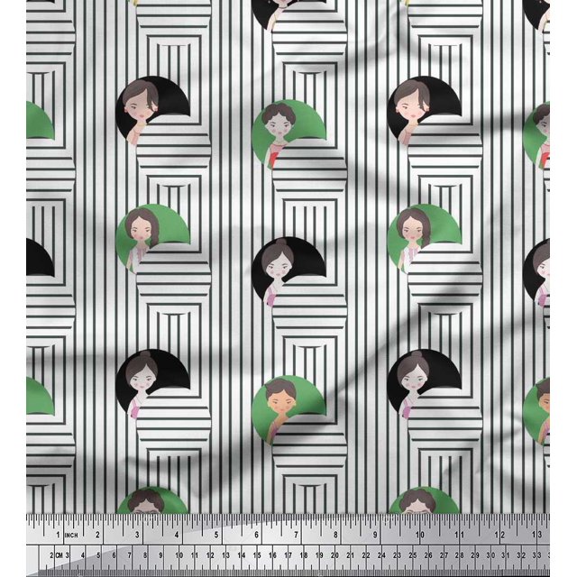Soimoi Tissu Satin Modal Vert Rayé & Imprimé Visage Humain pour Femmes au Mètre 42 Pouces de Large