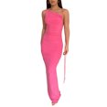 thumbnail image 1 of Robe Longue Moulante d'Été pour Femmes, Couleur Unie, Épaule Oblique, Cordon de Serrage, Dos Nu, Détails Froncés, 1 of 9
