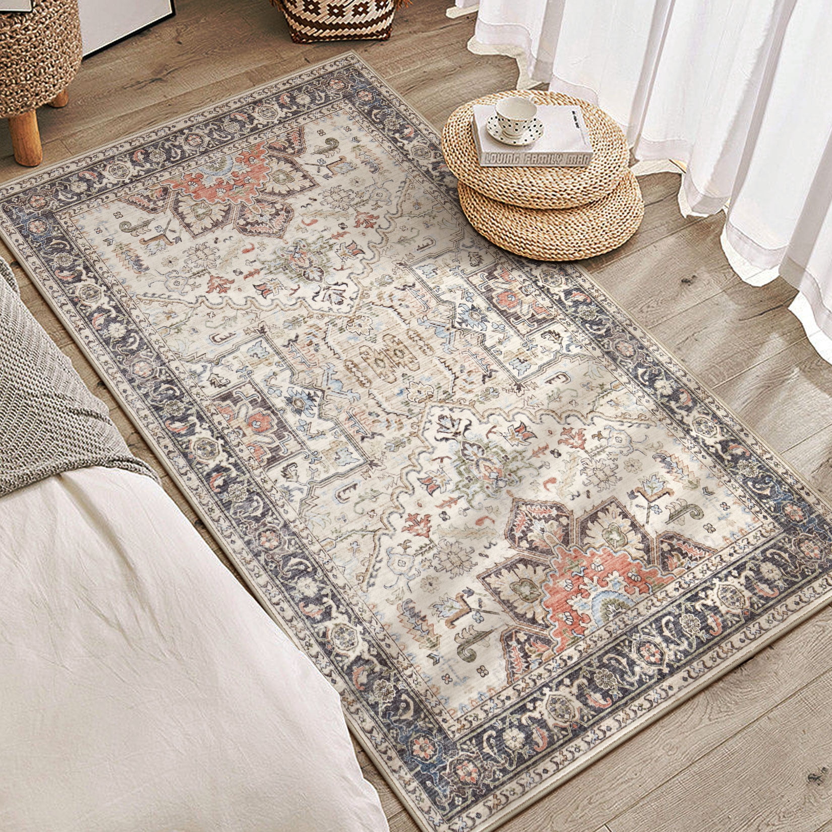 3x5 Retro Floral Medallion Area Rug -Bedroom Rug Soft Throw Printed Bathroom Kitchen Entry Foyer Mat, Vintage Non-Slip Washable Carpet for Front Door Laundry Room Bath Office-Multi