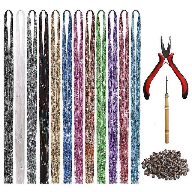 Extension de Cheveux 47 Pouces avec Outil, 12 Couleurs 2400 Brins Kit d'Extension de Cheveux Pailletés