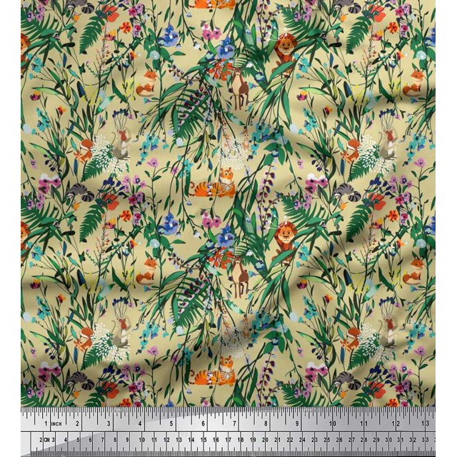 Soimoi Poly Georgette Fabric Leaves & Cartoon Animals Jungle Print Fabric by Yard 42 Inch Wide