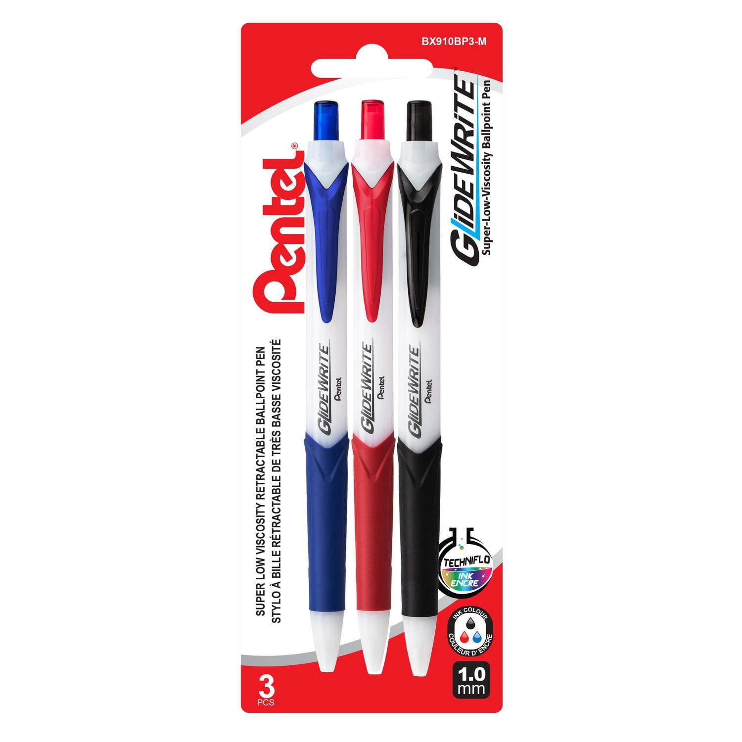 GlideWrite Stylo à Bille avec encre TechnIFlo, (1,0mm) Point Gras, Encre Assorti, 3PC Paque