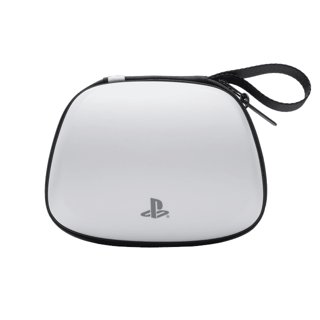 PowerA Protection Case for DualSense Wireless Controller in white with a hard outer shell, custom-molded interior, black zipper, strap handle, PlayStation logo, and cable pass-through for charging while stored, suitable for protecting and carrying the controller.