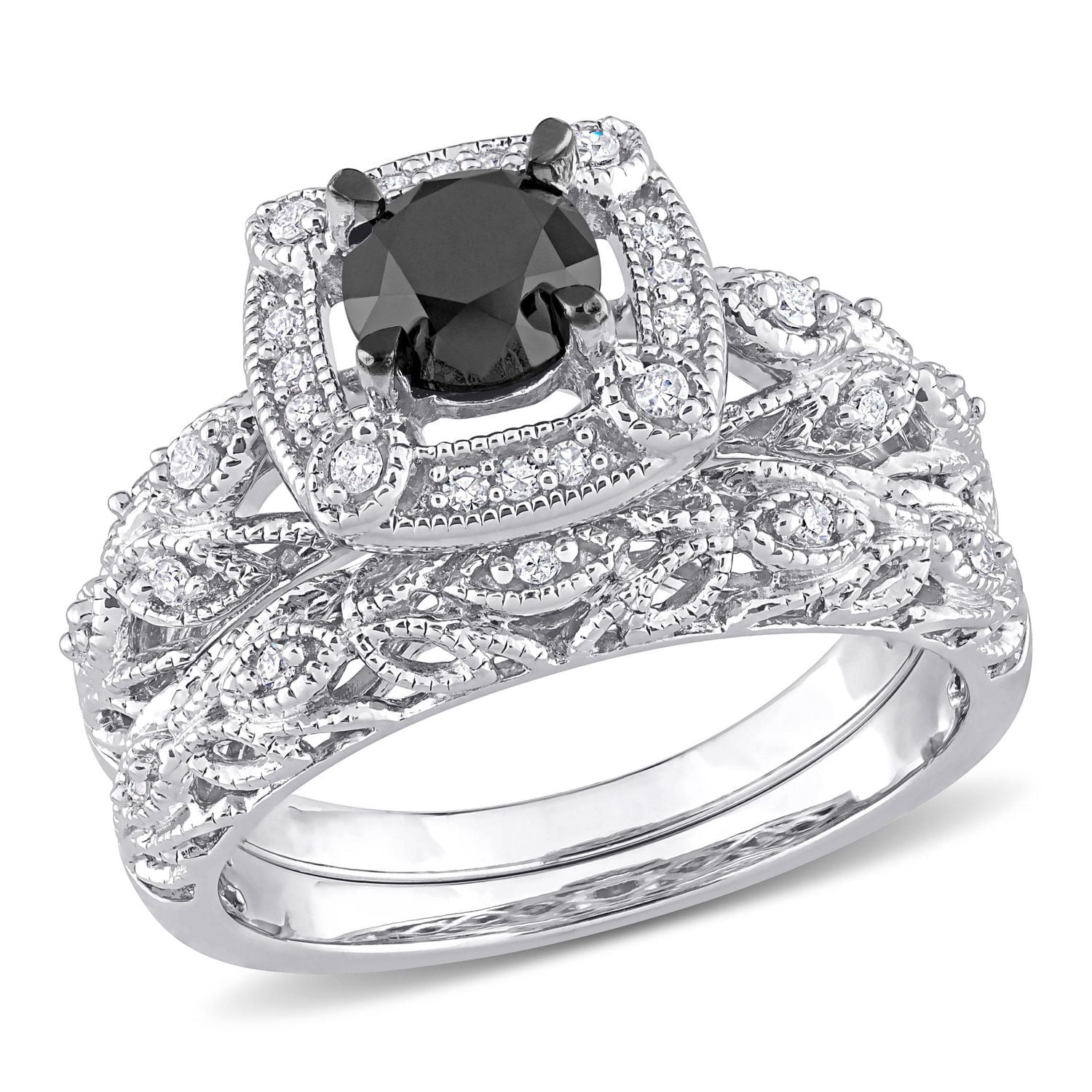 Ensemble nuptial filigrane à auréole de Miabella avec 1-1/6 carat poids total de diamants noir et blanc en argent sterling