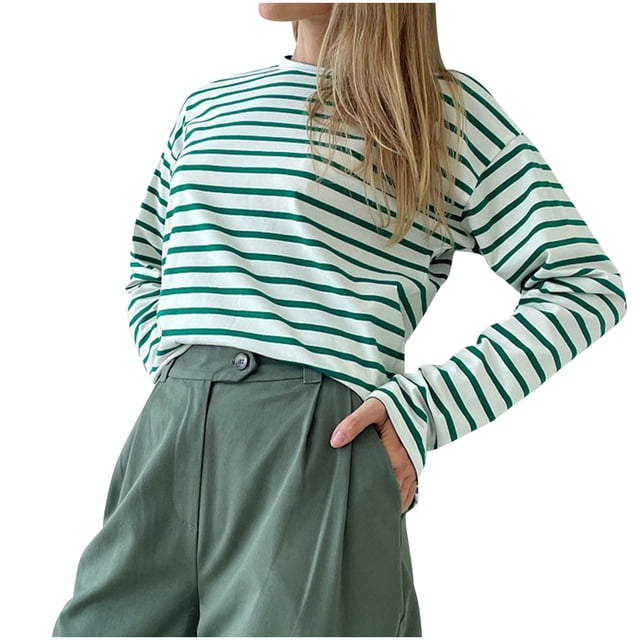 FAIWAD Tunique à Rayures pour Femmes Tops Manches Longues Col Rond Épaule en Vrac Tops Casual Top