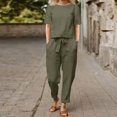 thumbnail image 2 of Mikilon Ensemble Élégant pour Femmes 2 Pcs Mode Col Rond Manches Courtes Haut Pantalon Long Ensemble Décontracté Mode Col Rond Manches Courtes Hauts Pantalons Ensemble Décontracté Vert Armée m, 2 of 6