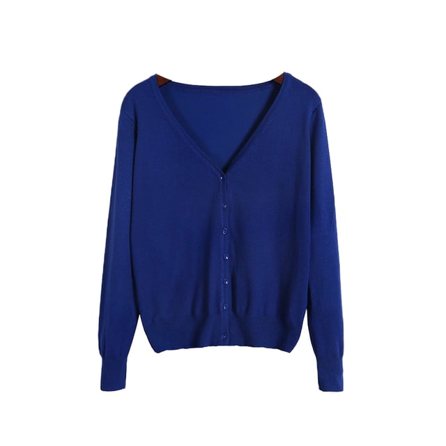 Innerwin Cardigan Sweater V Neck Ladies Coat Fall Solid Color Loose Outwear Colorful Blue M