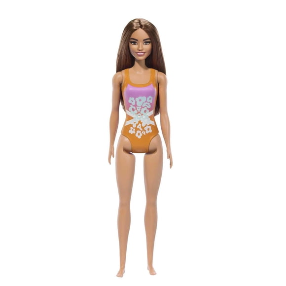 Barbie – Poupée Plage – Cheveux brun clair, maillot rose et orange