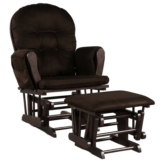 Gymax Baby Nursery Relax Rocker Rocking Chair Glider & Ottoman Set with Cushion in brown. The set includes a glider with a sturdy rubber wood and bentwood frame, paired with a matching ottoman. Both pieces feature soft microfiber fabric cushions filled with high-quality sponge for comfort and durability. The glider has smooth ball bearings for gentle rocking motion and ergonomic armrests and back support. A side pocket is included for convenient storage of essentials. Suitable for nurseries, living rooms, or bedrooms.