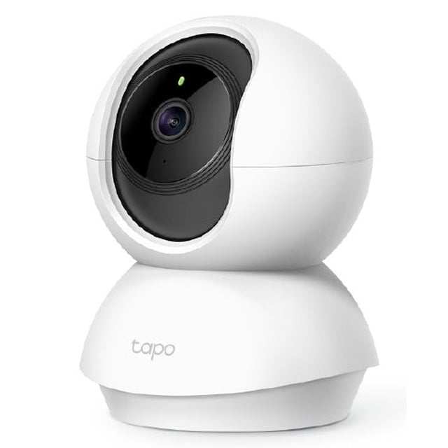TP-Link Pan/Tilt Home Security HD Wi-Fi Camera with a white spherical body and black circular lens area featuring a green indicator light, designed for indoor smart home security with 360-degree horizontal and 114-degree vertical viewing angles and motion detection.