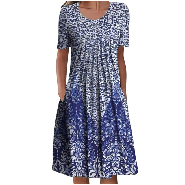 QJUHUNG Midi pour Femmes Été Décontracté Ample Bohème à Imprimé Floral Col Ras du Cou Manches Courtes Longueur Genou Robe Froncée avec Poches