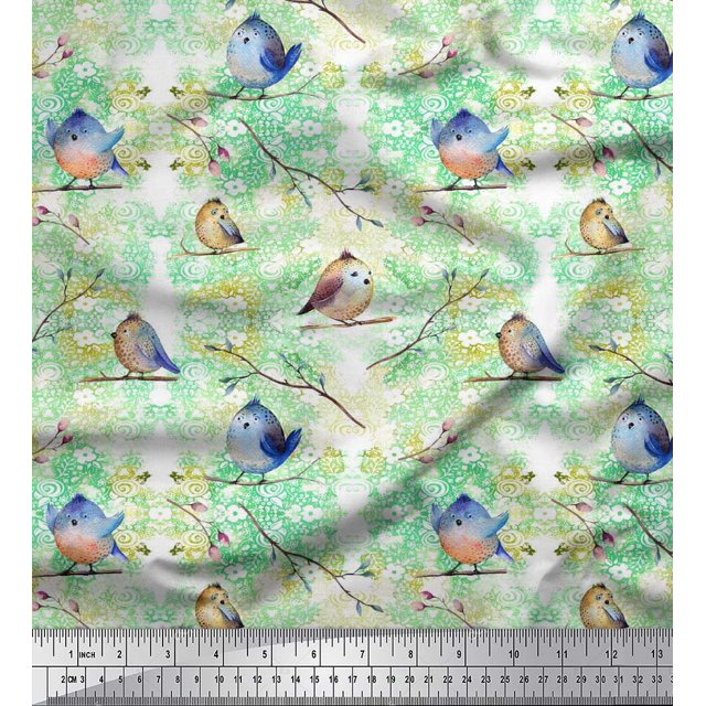 Soimoi Rayon Fabric Branch & Bird Artistic Print Sewing Fabric Yard 56 Inch Wide