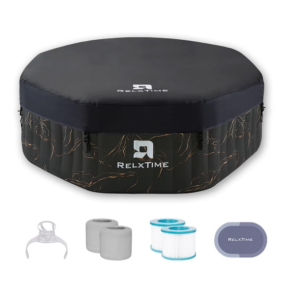 RELXTIME 6 Person Inflatable Hot Tub Octagonal Portable Outdoor Spa with 130 Soothing Bubble Jets, Insulated Cover, 2 Filter Cartridges, Black