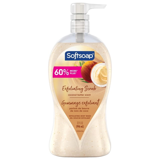 Softsoap Coconut Butter Scrub Body Wash Exfoliating Body Wash 946 mL in a clear plastic pump bottle containing beige exfoliating scrub with visible particles, labeled with coconut butter scent and 60% more content, designed to gently exfoliate and moisturize skin while being pH balanced and dermatologist tested.