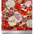 thumbnail image 1 of Soimoi Tissu Popeline de Coton Rouge Feuilles & Roses Imprimé Floral 1 Yard 42 Pouces de Large, 1 of 3