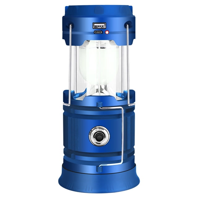 Camping Lanterne Extérieure USB Rechargeable, Alimentation à Recharge Solaire pour Téléphone Portable Pliable à DEL pour le Camping. une Lanterne de Camping Compacte Bleue au design Pliable, Dotée d'Un port USB et d'Un Panneau Solaire pour options de Double Recharge. Fabriquée en Matériau ABS durable, Elle Comprend 7 Perles à DEL pour un Éclairage Lumineux jusqu'à 50 M. la Lanterne Résistante à l'Eau A une Poignée pour Être Portée Ou Suspendue, et Peut Aussi Fonctionner comme Lampe de Poche. Convient au Camping, à la Randonnée, à la Pêche, à une Utilisation d'Urgence Ou comme Décoration Extérieure.