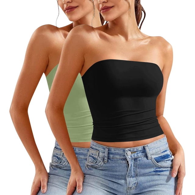 ZACPNCV 2PC Women's Shapewear Tube Tops Strapless Ruched Built-in Shelf Bra Casual Green M