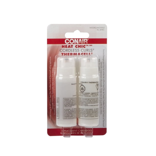Conair Thermacell Replacement Cartridges with two white butane refill canisters for cordless curling and styling tools, displayed on red and white packaging with safety warnings and brand details, ideal for powering cordless hair curlers and straighteners.