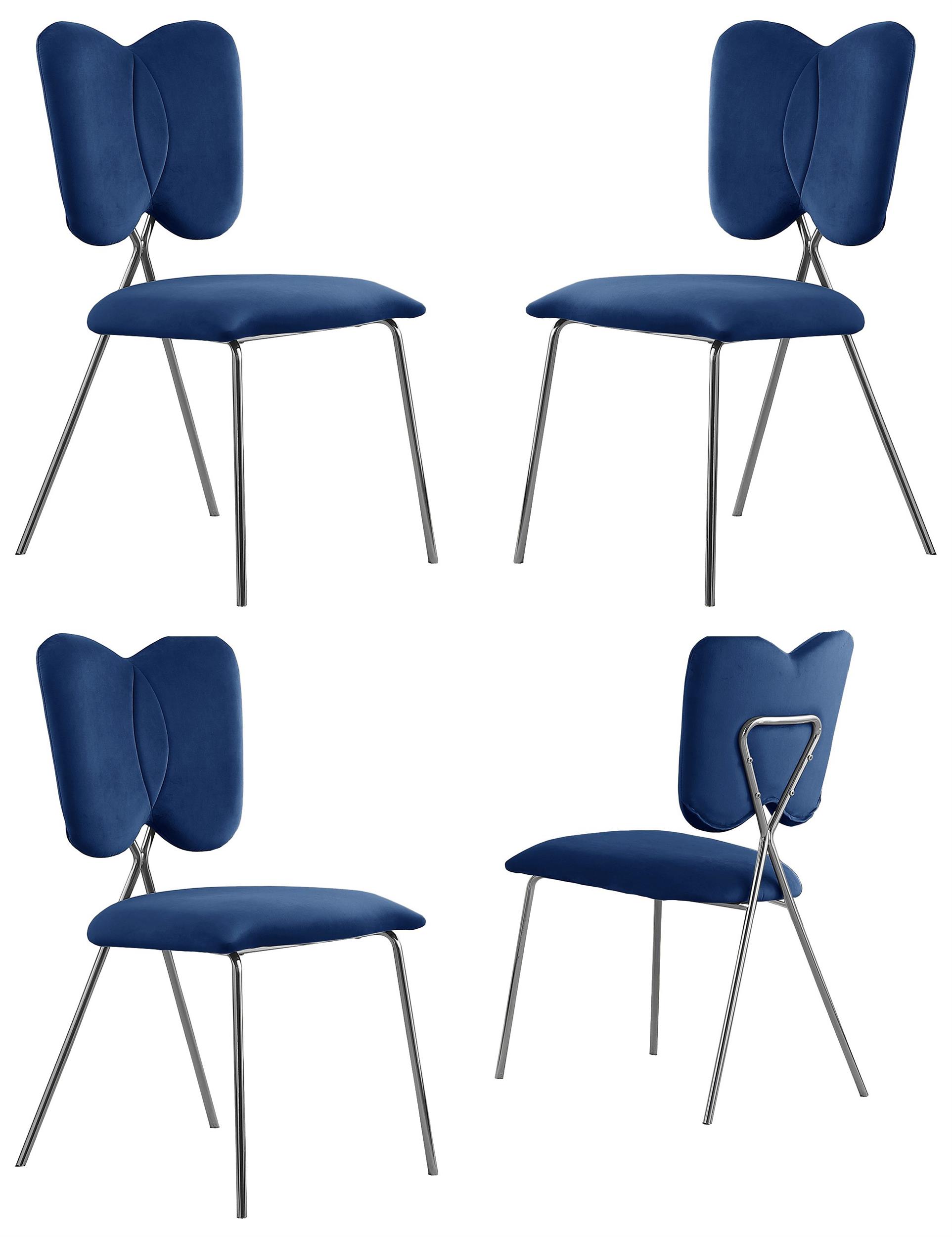 Chaises Latérales Ailées avec Velours Bleu Marine et Base Chromée Argentée (Ensemble de 4)
