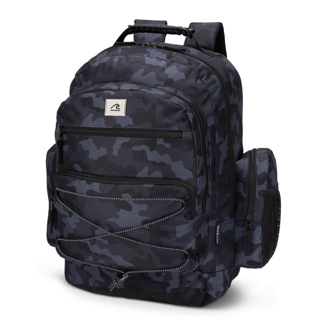 TRAILBLAZER 17.3IN LAPTOP CAMOUFLAGE BACKPACK in dark blue and black camouflage pattern with multiple zippered pockets for organization, padded laptop compartment for 17.3 inch laptops, reflective safety accents, side mesh water bottle pocket, padded adjustable straps, and breathable mesh back panel for comfort.