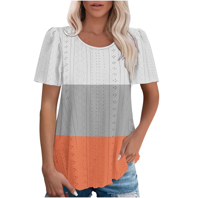 Plebaso Hauts pour Femmes Chemises à Oeillets à Blocs de Couleur Manches Courtes T-Shirts Amples Décontractés Col Rond Blouses Tendance