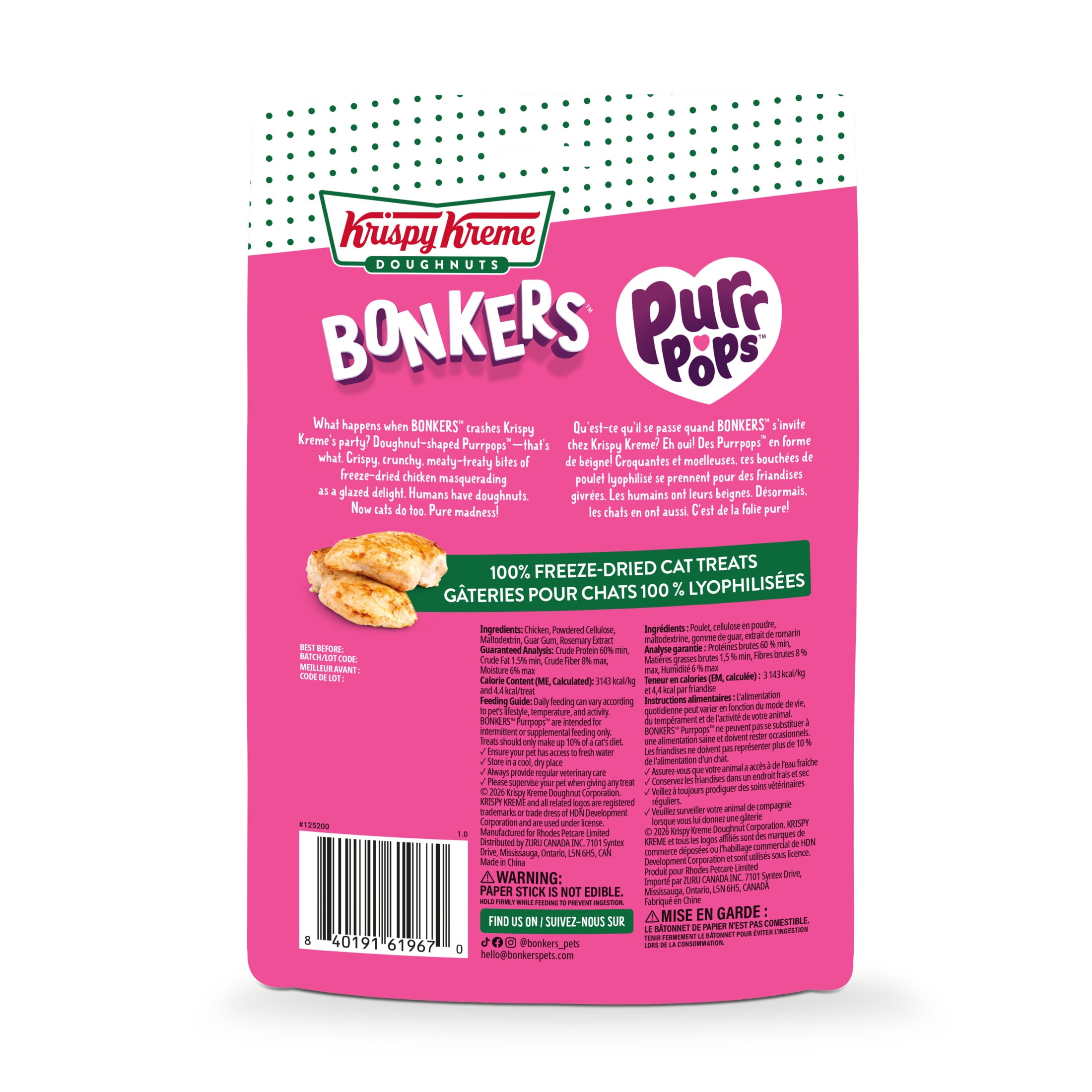 BONKERS Purrpops Krispy Kreme Édition Limitée Gâteries pour Chats en Sucette Lyophilisées à Saveur de Poulet Lot de 4