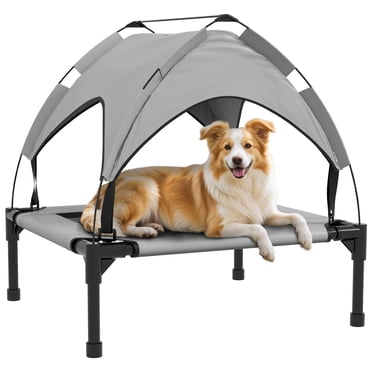PawHut Elevated Dog Bed Cooling Dog Cot Bed w/ Canopy, for S M Light Grey