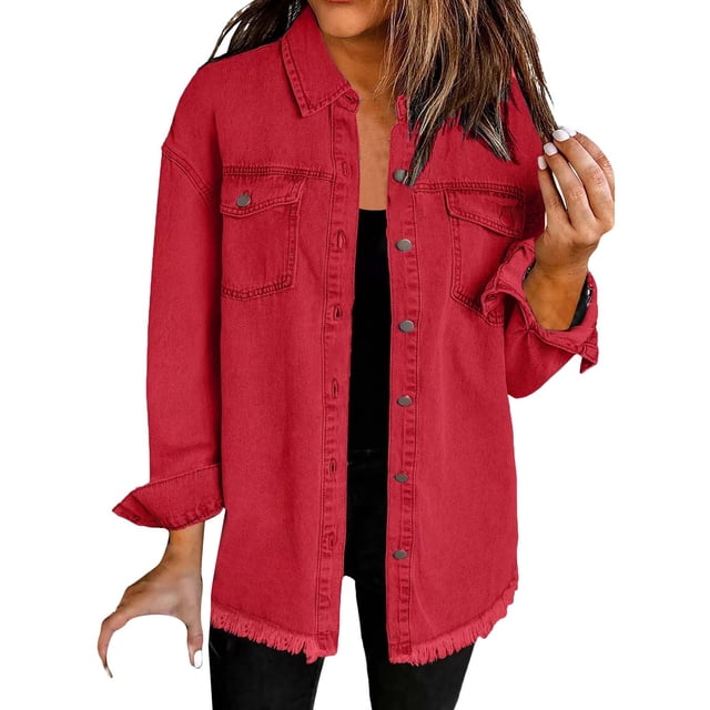 Yubnlvae Veste-Chemise en Denim Rouge Délavé Mode Décontractée pour Femme, m