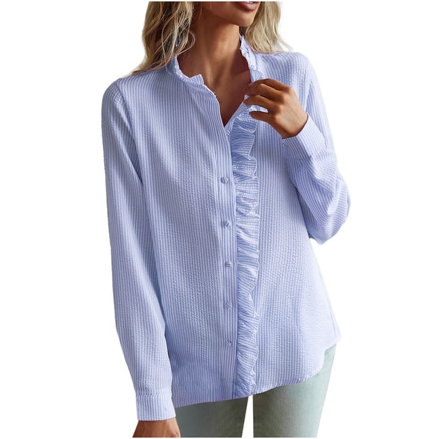 Pisexur Women's Chiffon Ruffle Blouse Solid Color Long Sleeve Button Down Elegant Collar Neck Shirts Tops