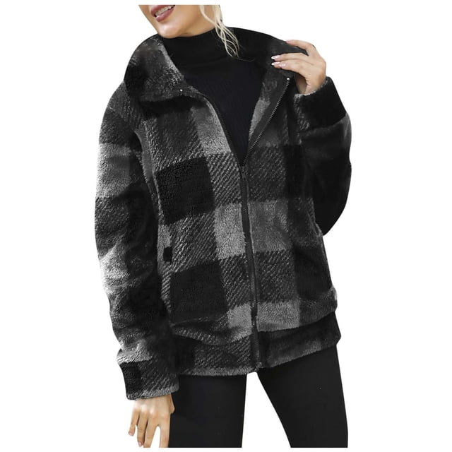 IROINID Surchemise Courte pour Femmes Col Rabattu à Carreaux Manches Longues Décontractée Fermeture Éclair Poche en Polaire Récréative, Gris