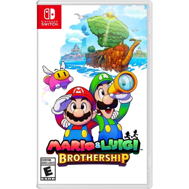 Mario & LuigiTM : Brothership Nintendo Switch game cover Mettant en Vedette Mario et Luigi en Tenues Classiques, avec Luigi Tenant un Télescope Jaune et Mario Saluant. derrière Eux Se Tient une Île en Forme de Navire, une Île en Forme de Navire avec un Grand Arbre Vert et un Phare Lumineux, Installée dans un Océan Bleu avec des Goélands en Vol. le logo Nintendo Switch et la Cote ESRB « E for Everyone » Sont Visibles.