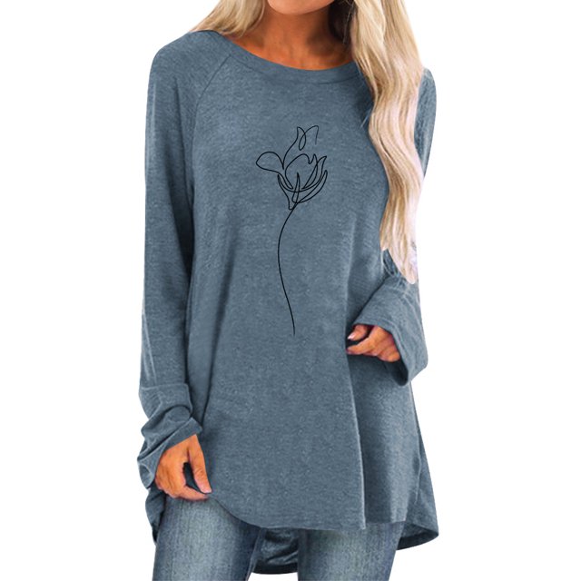 Women Flower Graphic Print Crew Neck Long Sleeves Shirt