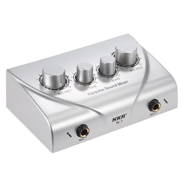 Karaoke Sound Mixer Dual Mic Inputs With Cable N-1 in silver color, featuring dual microphone inputs, tone and echo adjustment knobs, and individual volume controls for each mic. Compact and lightweight audio mixer suitable for home, stage, and KTV rooms.