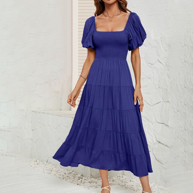 Robes pour Femmes 2024 Été Surdimensionnée Unie Taille Haute Manches Bouffantes Robe à Taille Enveloppée Rabais de 50 % Liquidation!