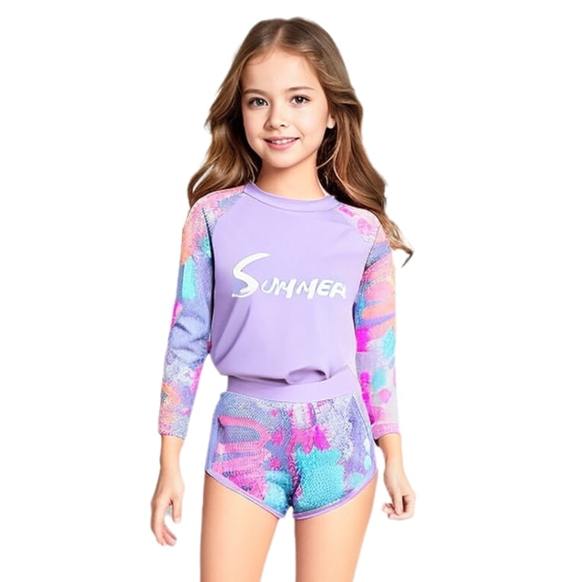 Doomiva Girls Long Sleeve Rash Tops with Swim Shorts Pants Bathing Suit UPF 50+ Rash Guard Swimsuit Purple 2-3