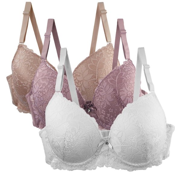 Soutiens-gorge Sans Fil Confortables pour Femmes, Dentelle Ensemble de 3 Bretelles Ajustables sous-Vêtements Élégants Détente Multicolore, Gris 36C-48E, 3 Pcs