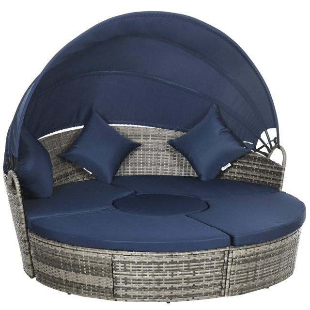 Outsunny Chaise Longue de Patio avec Canapé-Lit Rond Coussiné 4 Pcs Bleu Foncé
