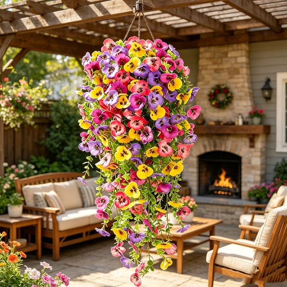 Fufafayo Outdoor Artificial Hanging Flowers For Garden Decor, Lifelike Fake Pansy Plants, Plastic Hanging Basket Flowers For Courtyard Patio Porch Wall Decor