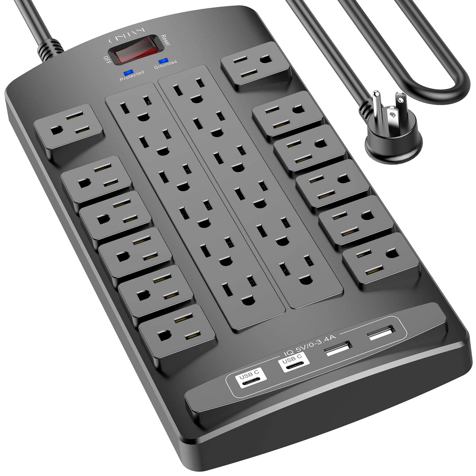 QINLIANF Surge Protector Power Strip - 10Ft Flat Plug Heavy Duty Extension Cord with 24 Outlets and 4 USB Ports(2 USB-C Ports), 1875W/15A, 4100J, for Home