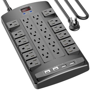 QINLIANF Surge Protector Power Strip - 10Ft Flat Plug Heavy Duty Extension Cord with 24 Outlets and 4 USB Ports(2 USB-C Ports), 1875W/15A, 4100J, for Home